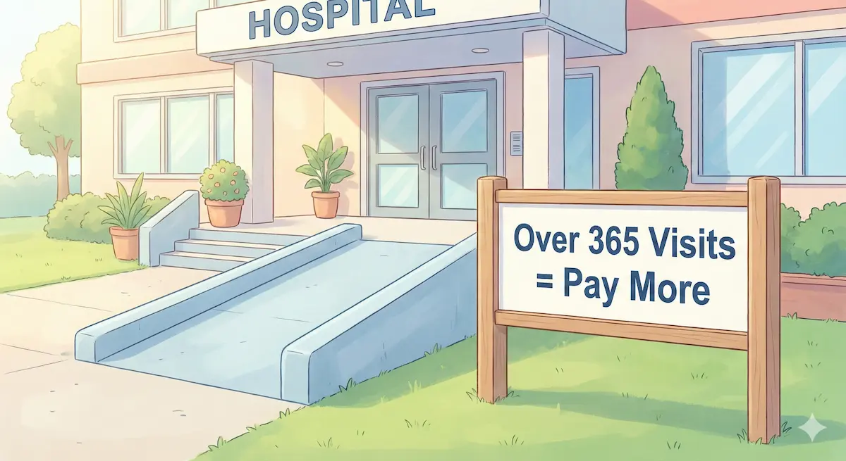 의료급여 진입 문턱은 낮아져서 계단이 경사로로 바뀌었지만, 병원 문 앞에 '365일 초과 시 주의'라는 표지판이 서 있는 그림.