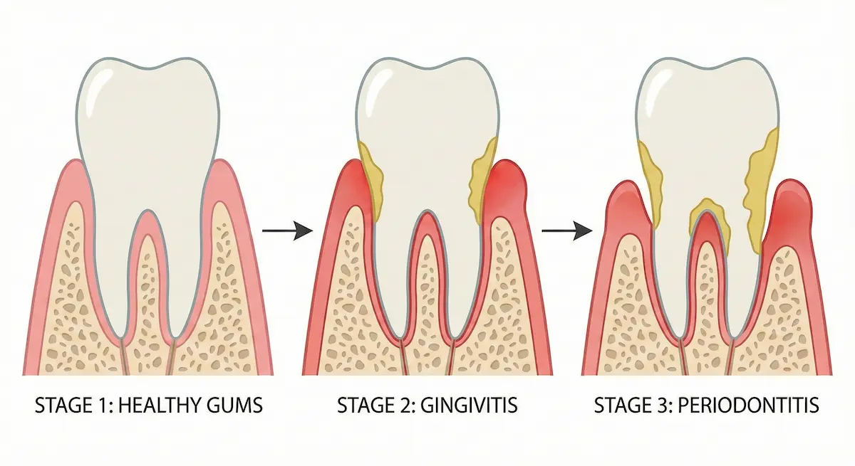 치석이 쌓여 잇몸 뼈가 녹아내리는 치주질환 진행 단계를 보여주는 인포그래픽