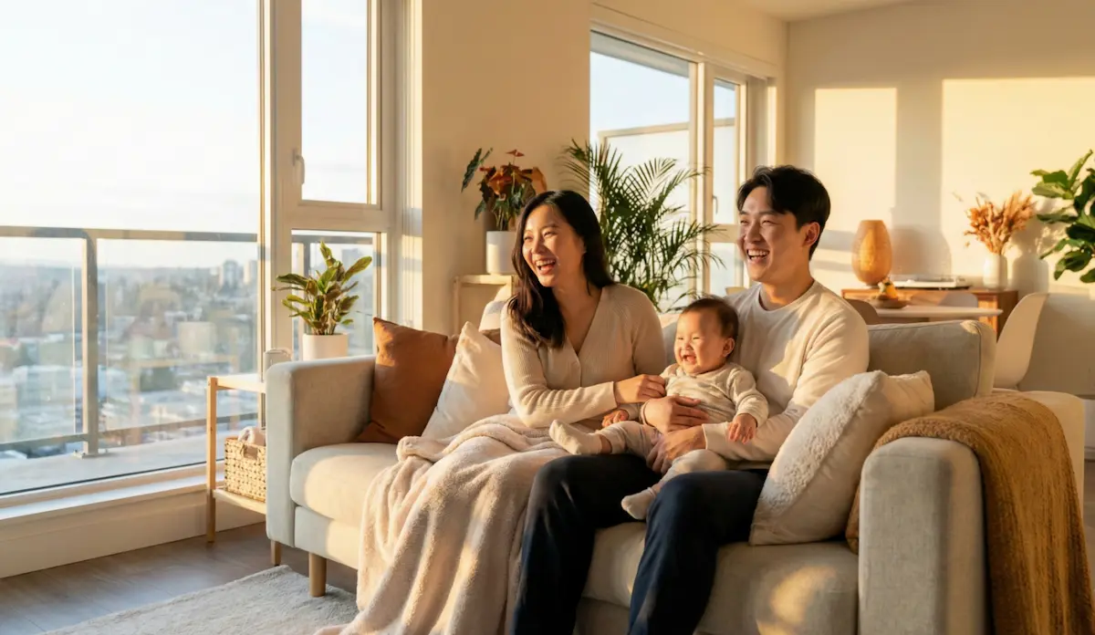 밝은 채광이 드는 거실에서 아이와 함께 웃고 있는 가족의 모습, '금리 1%대 확정' 문구가 배경에 은은하게 보임