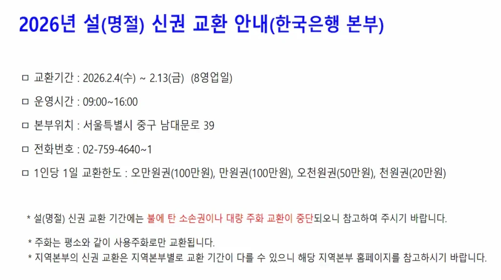 2026년 한국은행 설날 신권 교환 기간 및 1인당 교환 한도 공식 안내문
