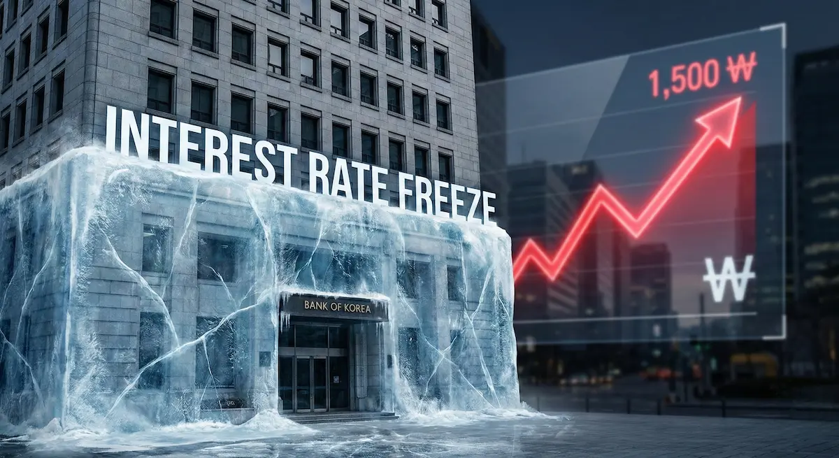 한국은행 기준금리 2.5% 동결을 상징하는 얼어붙은 한은 건물과 원달러 환율 1500원 상승 그래프