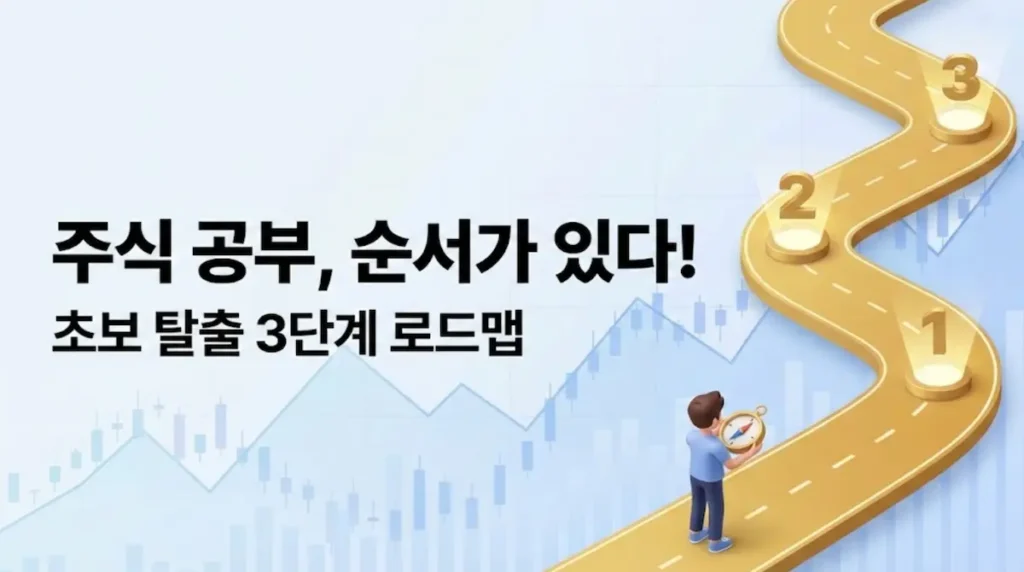 상승하는 그래프 위로 놓여진 나침반과 로드맵, 주식 공부 순서를 나타내는 일러스트