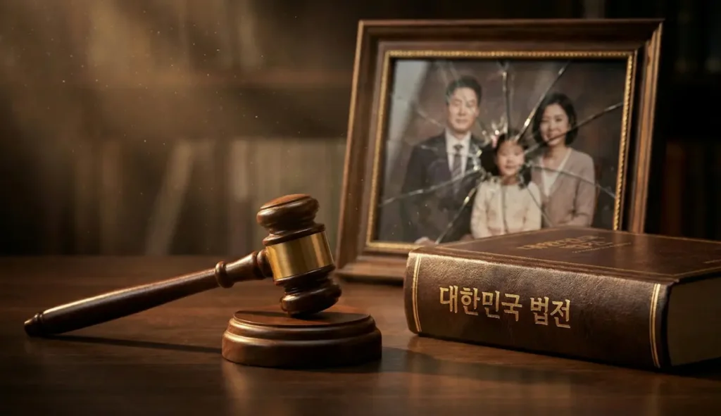 법전(Code of Laws)과 판사봉(Gavel)이 놓여 있고, 배경에 흐릿하게 금이 간 가족사진이 있어 '법적 분쟁'과 '가족 해체'를 암시.