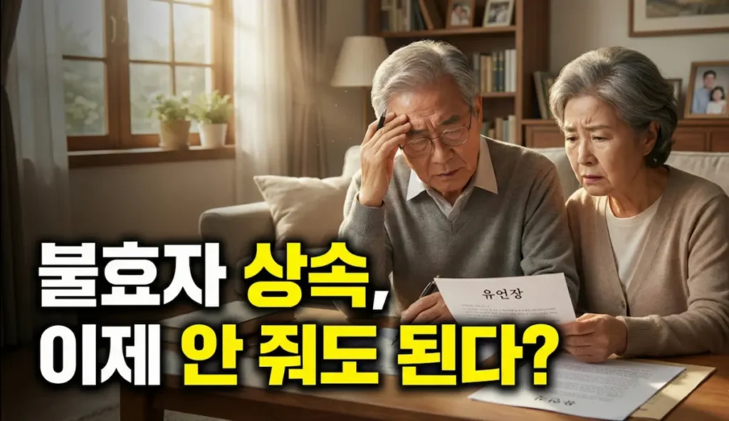 깊은 고민에 빠진 노년의 부모님이 유언장을 작성하거나 서류를 검토하는 모습. 따뜻하지만 진중한 분위기.