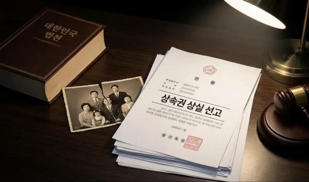 법전(Code of Laws)과 찢어진 가족사진, 그리고 '상속권 상실'이라고 적힌 법원 서류가 놓인 책상.