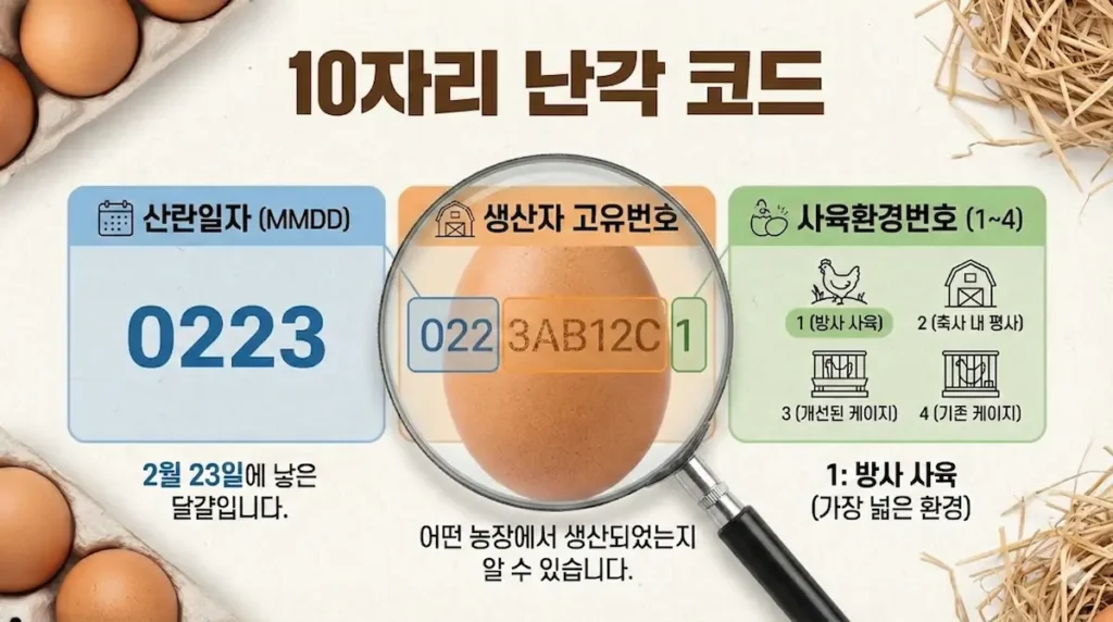 마트 달걀 고를 때 필수인 난각번호 1번 확인을 위한 10자리 숫자 읽는 법 인포그래픽