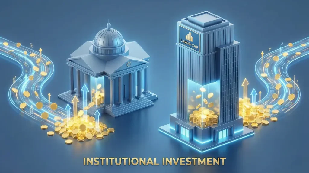 안정적인 대형 지주사와 우량 금융주로 기관 및 외국인 자금이 유입되는 3D 그래픽