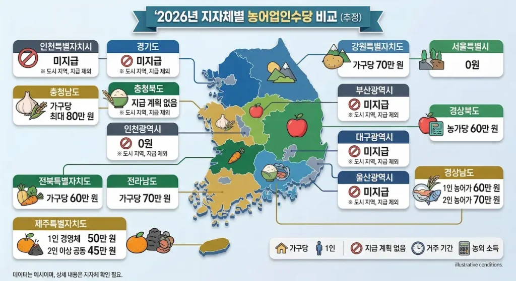 2026년 농어업인수당 지자체별 금액 비교 이미지