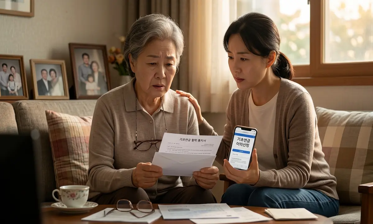 기초연금 탈락 통지서를 받은 어르신과 도움을 드리려는 자녀