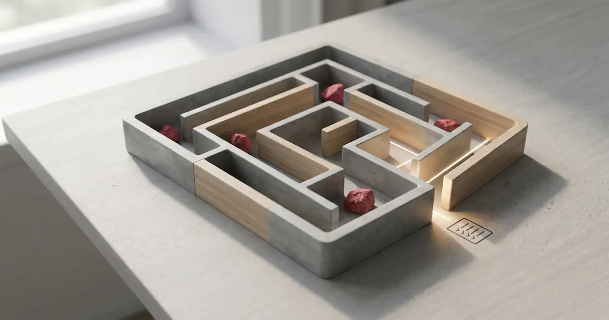 개인사업자가 빠지기 쉬운 세금 실수를 은유하는 미니멀한 미로