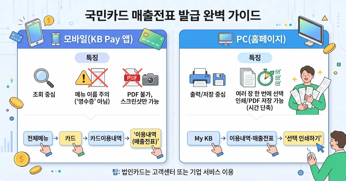 국민카드 매출전표 모바일 및 PC 발급 방법 비교 인포그래픽