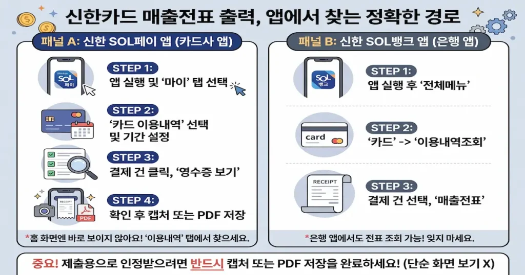 신한카드 SOL페이 앱 매출전표 조회 화면 안내