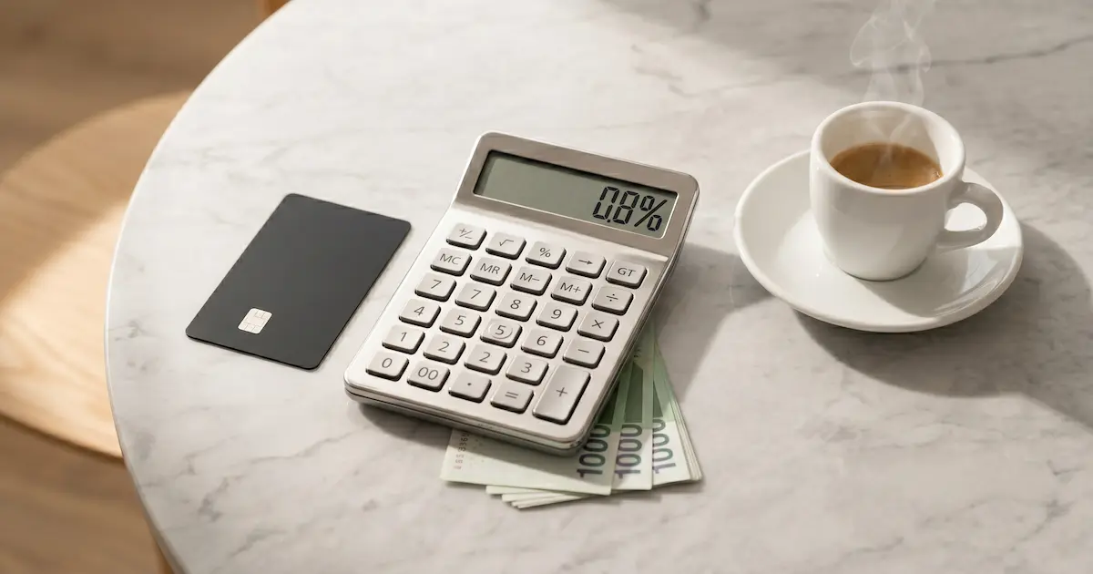 대리석 테이블 위의 세련된 계산기와 신용카드, 에스프레소 잔