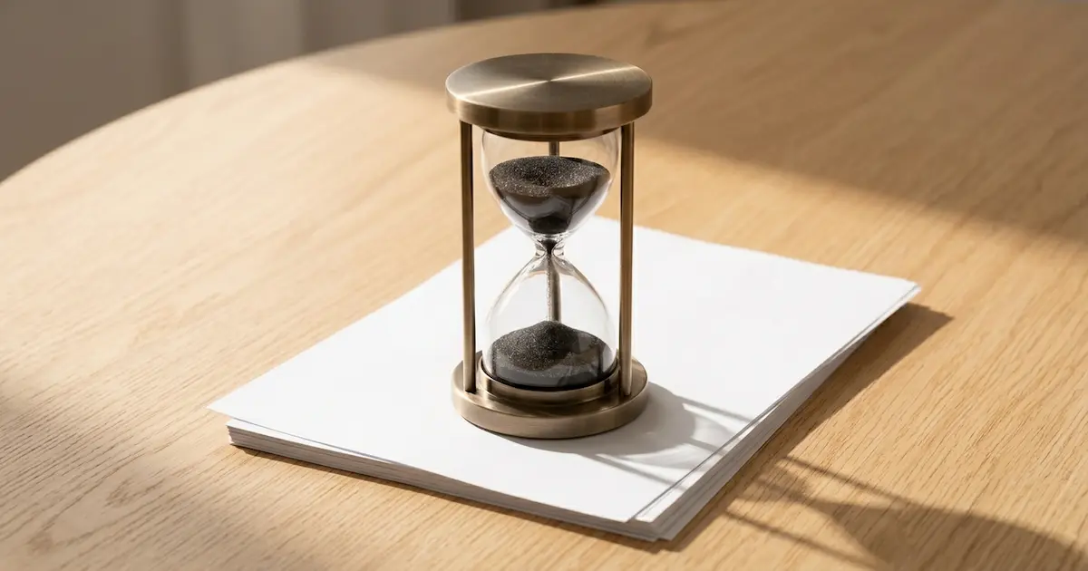 서류 더미 위에서 모래가 떨어지고 있는 우아한 모래시계