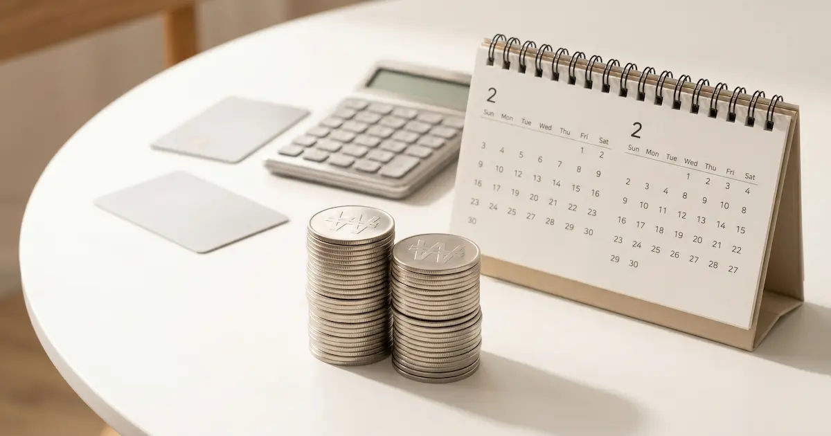 똑같은 크기로 두 개로 나뉜 은빛 동전 더미와 달력