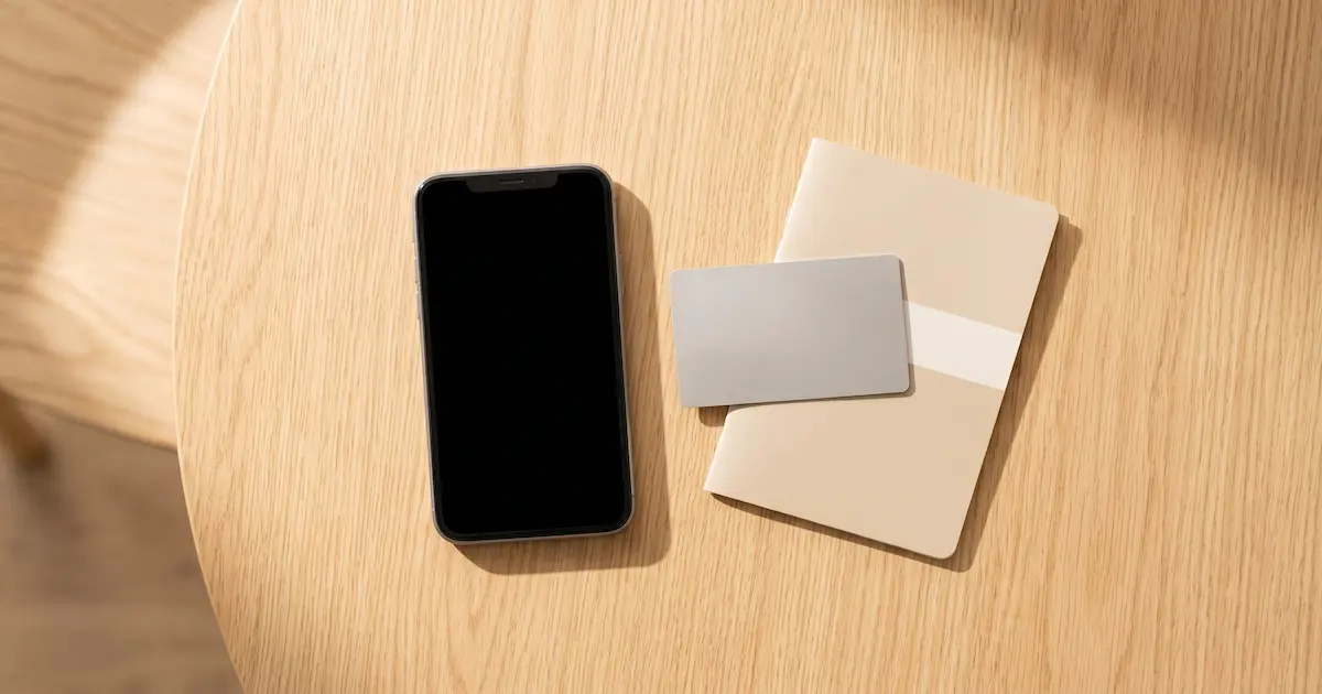 책상 위에 가지런히 놓인 스마트폰, 신용카드, 통장
