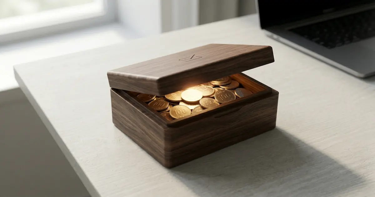 나무 상자 안에 가득한 금빛 코인과 은빛 코인